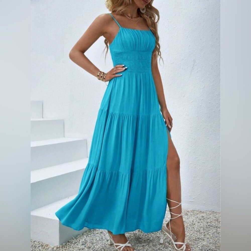 Blue Boho Ruched Bust Ruffle Hem Cami Dress